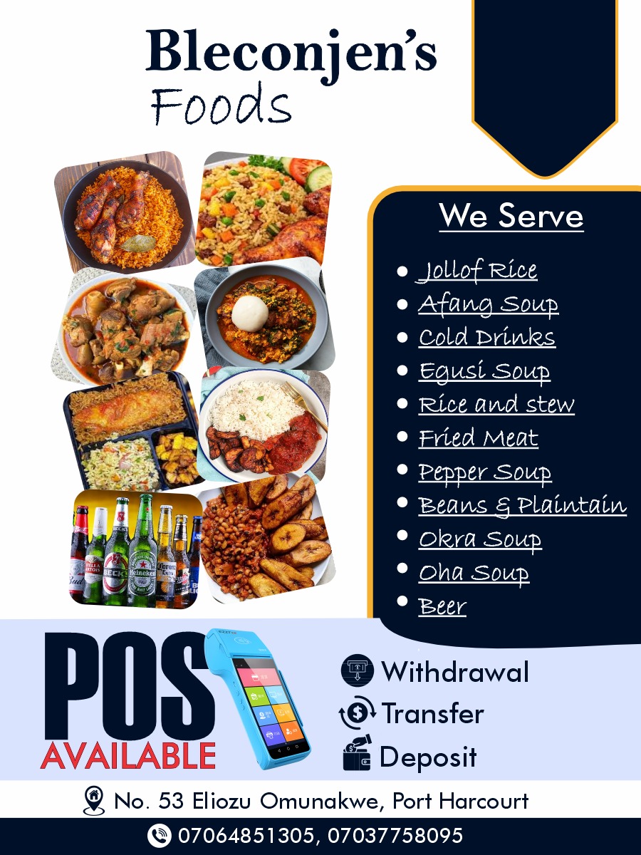 I designed this Bleconjen's Foods flyer using *CorelDRAW* with a navy blue, gold & white palette, clean fonts, and a creative food-photo collage to make the menu and POS services pop.