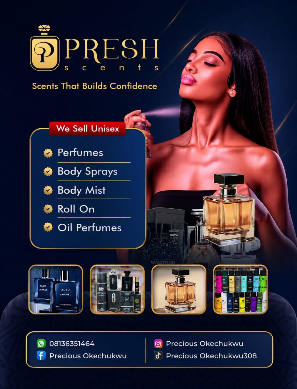 I designed this Presh Scents flyer using *CorelDRAW* with a luxury navy blue & gold palette, elegant serif fonts, and high-quality perfume images combined with a glowing model cutout to create a confident, premium unisex fragrance appeal.